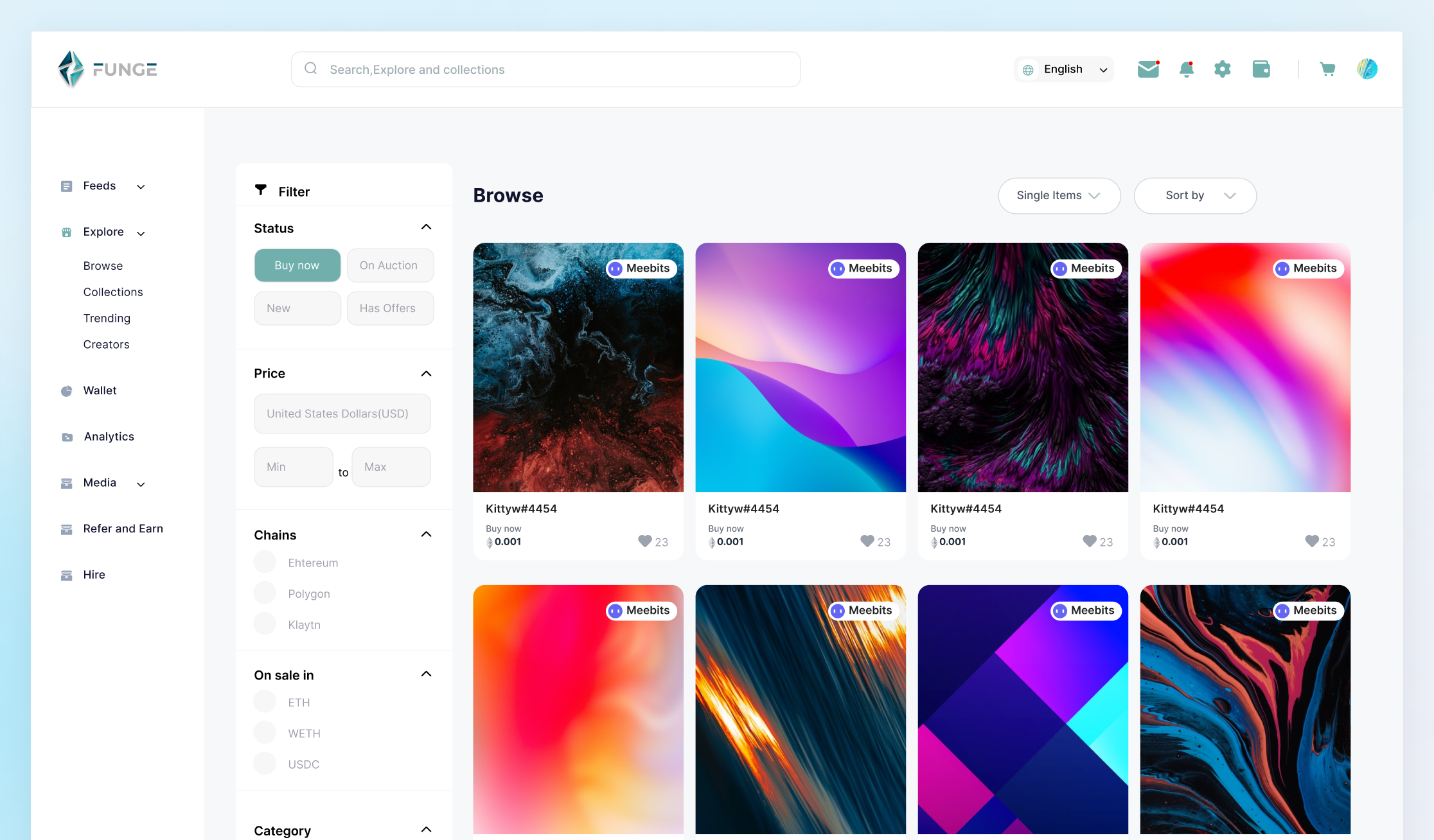 Funge marketplace — Browse view with NFT card grid, filters and category tabs