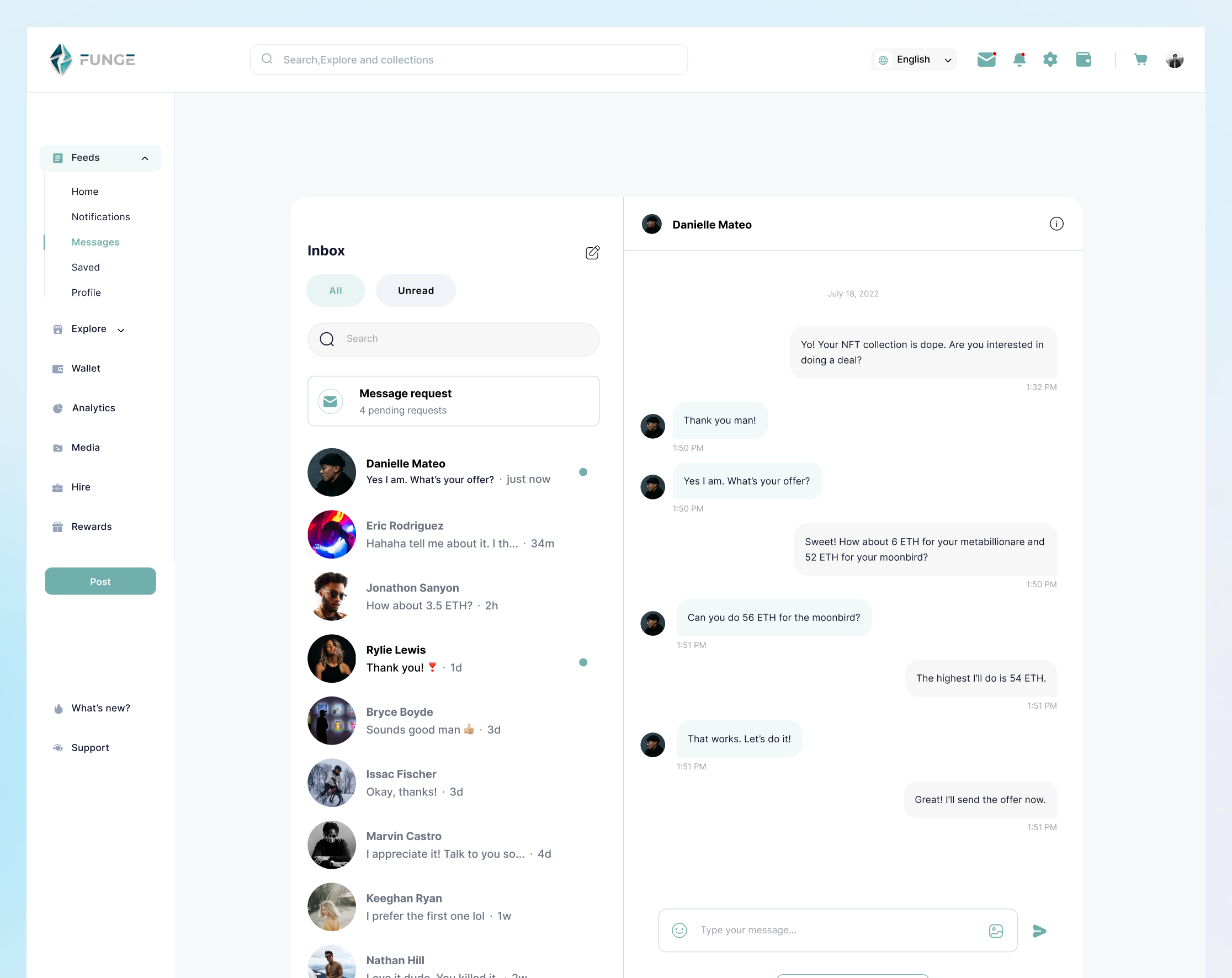 Funge messaging — Inbox view with community chat thread and creator conversation