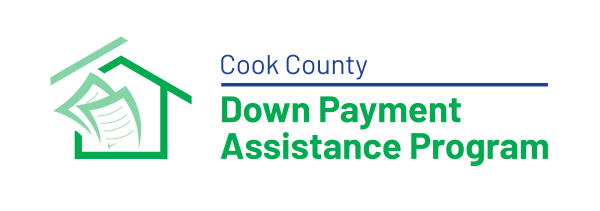 Logo for Cook County Down Payment Assistance Program featuring a green house outline with money inside and program name in blue and green text.