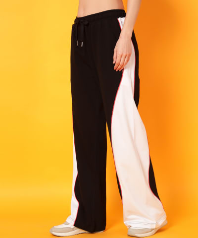 PockMAN Women Black & White Curve Pipping Wide Leg Comfort Joggers