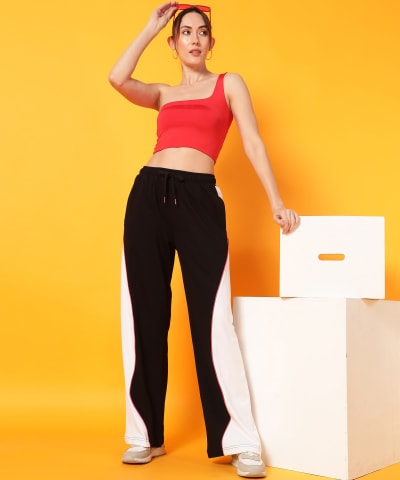 PockMAN Women Black & White Curve Pipping Wide Leg Comfort Joggers