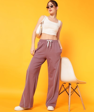 PockMAN Women Mauve Curve Pipping Wide Leg Comfort Joggers