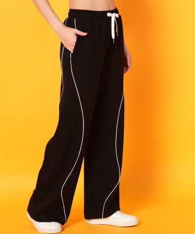 PockMAN Women Black Curve Pipping Wide Leg Comfort Joggers