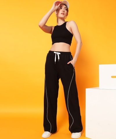 PockMAN Women Black Curve Pipping Wide Leg Comfort Joggers