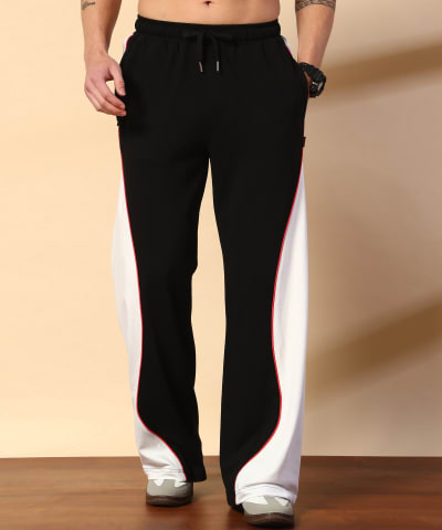 PockMAN Men Black & White Curve Pipping Wide Leg Comfort Joggers