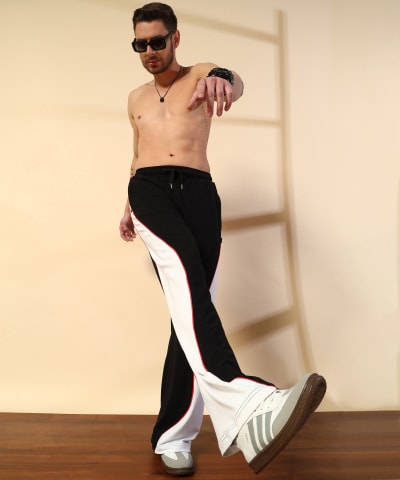 PockMAN Men Black & White Curve Pipping Wide Leg Comfort Joggers