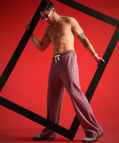 PockMAN Men Mauve Curve Pipping Wide Leg Comfort Joggers