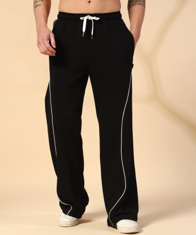 PockMAN Men Black Curve Pipping Wide Leg Comfort Joggers