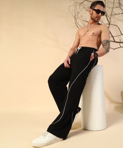 PockMAN Men Black Curve Pipping Wide Leg Comfort Joggers