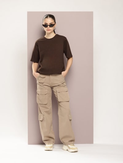 PockMAN Oversized Solid Cotton Terry Classic Dark Brown Tshirt