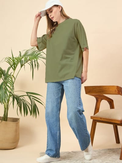 PockMAN Oversized Solid Cotton Terry Classic Olive Tshirt