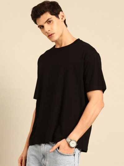 PockMAN Men Oversized Solid Cotton Terry Classic Black Tshirt