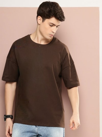 PockMAN Men Oversized Solid Cotton Terry Classic Dark Brown Tshirt