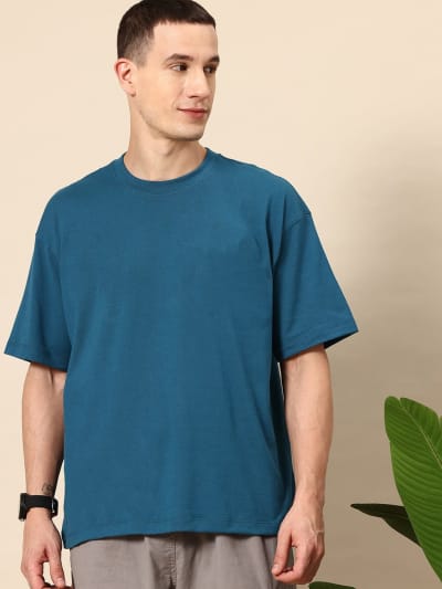 PockMAN Men Oversized Solid Cotton Terry Classic Teal Tshirt