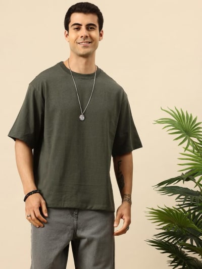 PockMAN Men Oversized Solid Cotton Terry Classic Dark Olive Tshirt