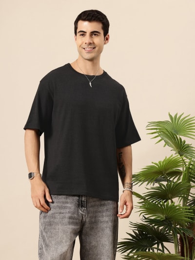 PockMAN Men Oversized Solid Cotton Terry Classic Charcoal Grey Tshirt