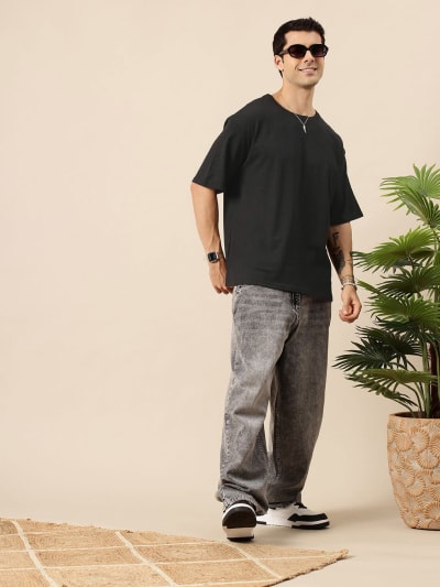 PockMAN Men Oversized Solid Cotton Terry Classic Charcoal Grey Tshirt