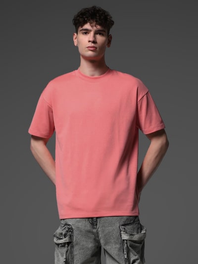 PockMAN Men Oversized Solid Cotton Terry Classic Light Red Tshirt