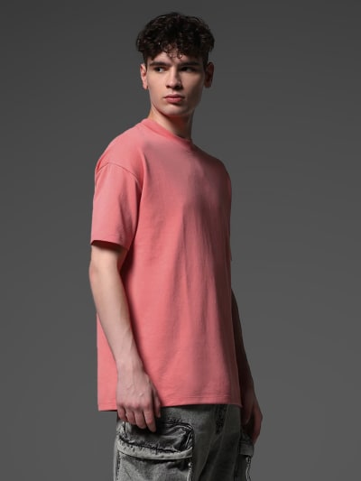 PockMAN Men Oversized Solid Cotton Terry Classic Light Red Tshirt