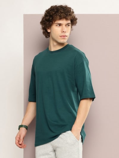 PockMAN Men Oversized Solid Cotton Terry Classic Bottle Green Tshirt