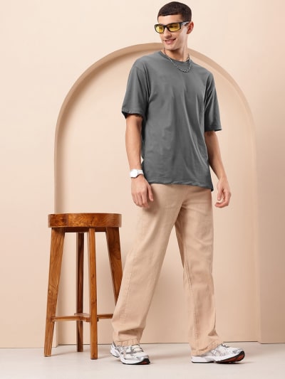 PockMAN Men Oversized Solid Cotton Terry Classic Light Grey Tshirt