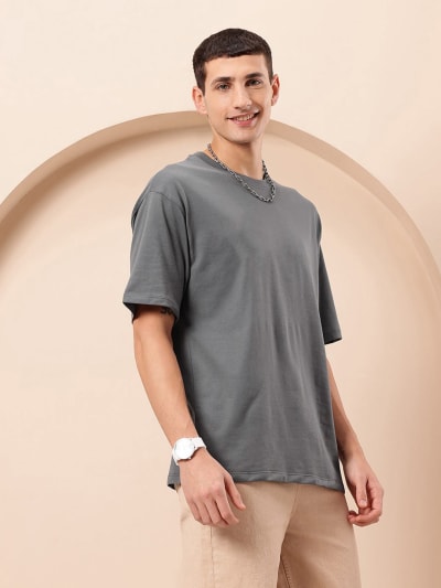 PockMAN Men Oversized Solid Cotton Terry Classic Light Grey Tshirt