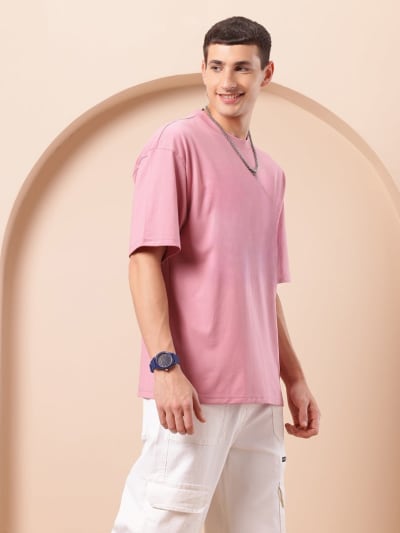 PockMAN Men Oversized Solid Cotton Terry Classic Coral Pink Tshirt
