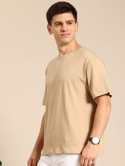 PockMAN Men Oversized Solid Cotton Terry Classic Fawn Beige Tshirt