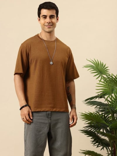 PockMAN Men Oversized Solid Cotton Terry Classic Brown  Tshirt