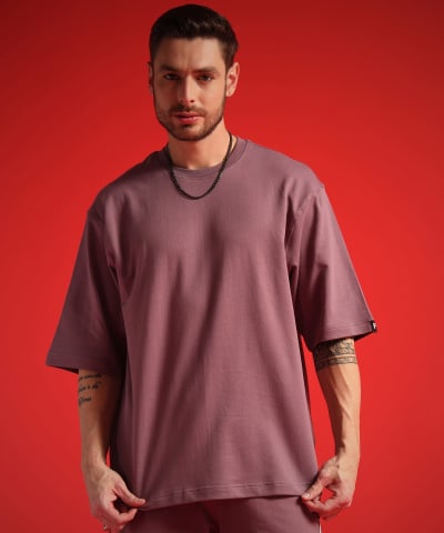 PockMAN Men Oversized Solid Cotton Terry Classic Mauve Tshirt