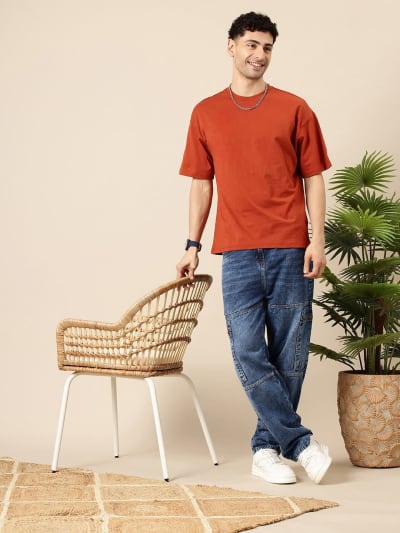 PockMAN Men Oversized Solid Cotton Terry Classic Rust Red Tshirt