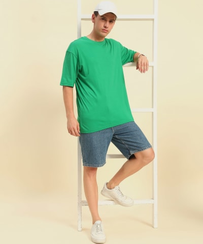 PockMAN Men Oversized Solid Cotton Terry Classic Green Tshirt