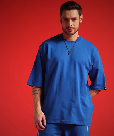 PockMAN Men Oversized Solid Cotton Terry Classic Royal Blue Tshirt