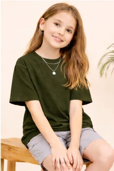 PockMAN Kid Girls Oversized Solid Cotton Terry Classic Dark Olive Tshirt