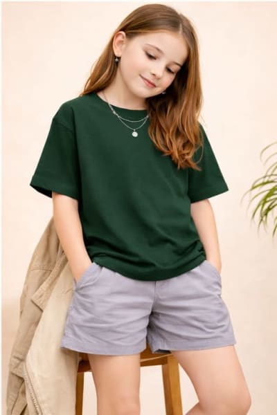 PockMAN Kid Girls Oversized Solid Cotton Terry Classic Bottle Green Tshirt
