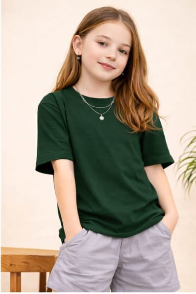 PockMAN Kid Girls Oversized Solid Cotton Terry Classic Bottle Green Tshirt
