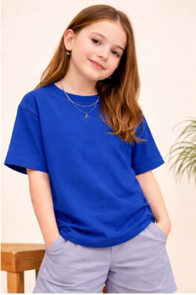 PockMAN Kid Girls Oversized Solid Cotton Terry Classic Royal Blue Tshirt