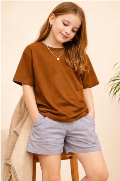 PockMAN Kid Girls Oversized Solid Cotton Terry Classic Brown  Tshirt