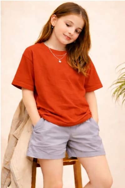 PockMAN Kid Girls Oversized Solid Cotton Terry Classic Rust Red Tshirt