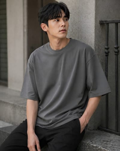 PockMAN Oversized Fit Cotton Classic Round Neck Grey Tshirt