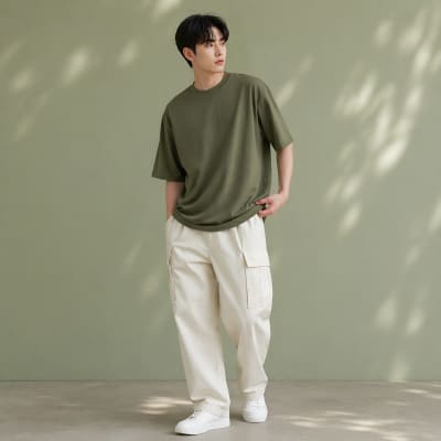 PockMAN Oversized Fit Cotton Classic Round Neck Olive Tshirt