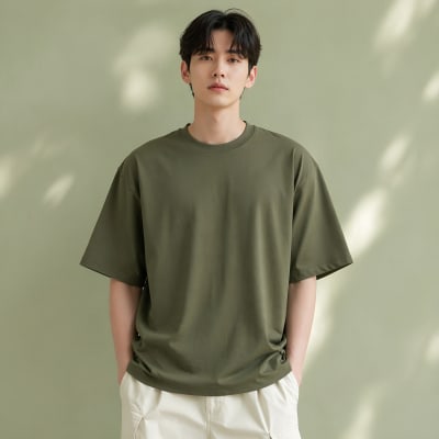 PockMAN Oversized Fit Cotton Classic Round Neck Olive Tshirt