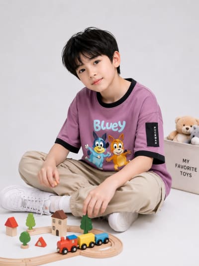 Pockman Kid Oversized Cotton Terry Printed Bluey Mauve Tshirt