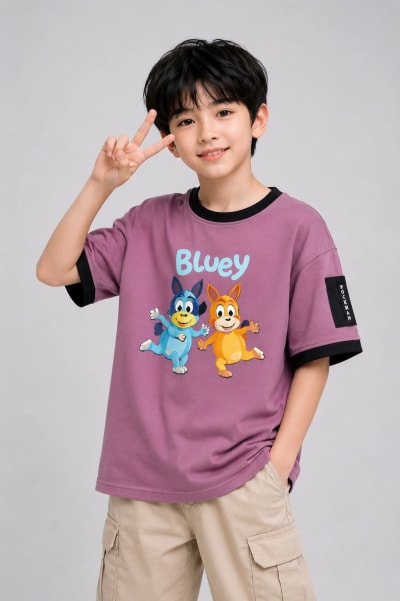 Pockman Kid Oversized Cotton Terry Printed Bluey Mauve Tshirt