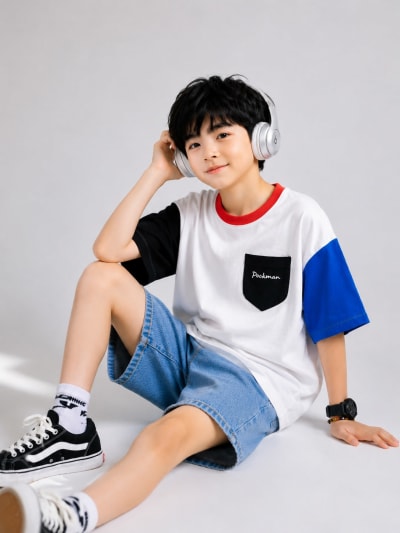 Pockman Kid Oversized Cotton Terry Contrast White Tshirt