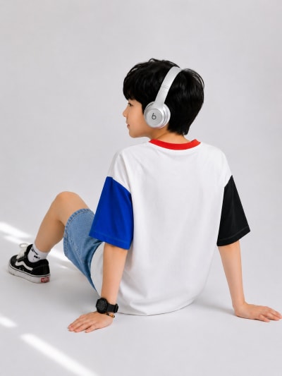 Pockman Kid Oversized Cotton Terry Contrast White Tshirt
