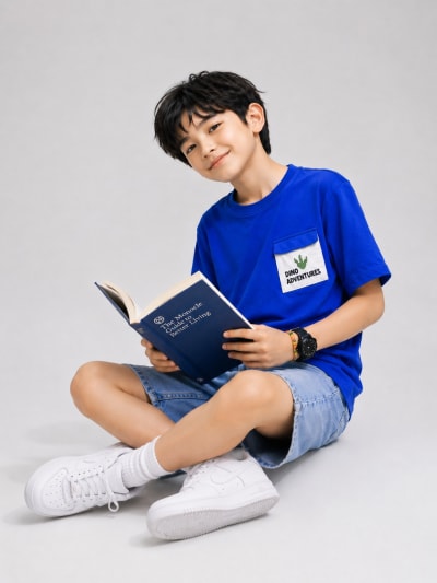 Pockman Kid Oversized Cotton Terry Dino Adventure Royal Blue Tshirt