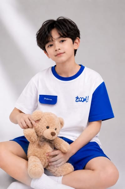 Pockman Kid Oversized Cotton Terry Contrast Sleeve White Tshirt