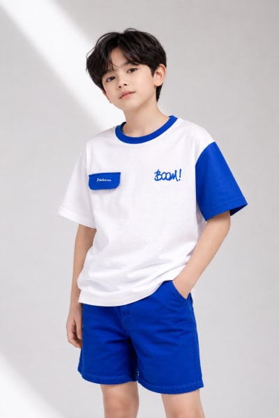 Pockman Kid Oversized Cotton Terry Contrast Sleeve White Tshirt