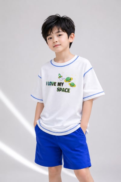 Pockman Kid Oversized Cotton Terry Overlock Printed White Tshirt